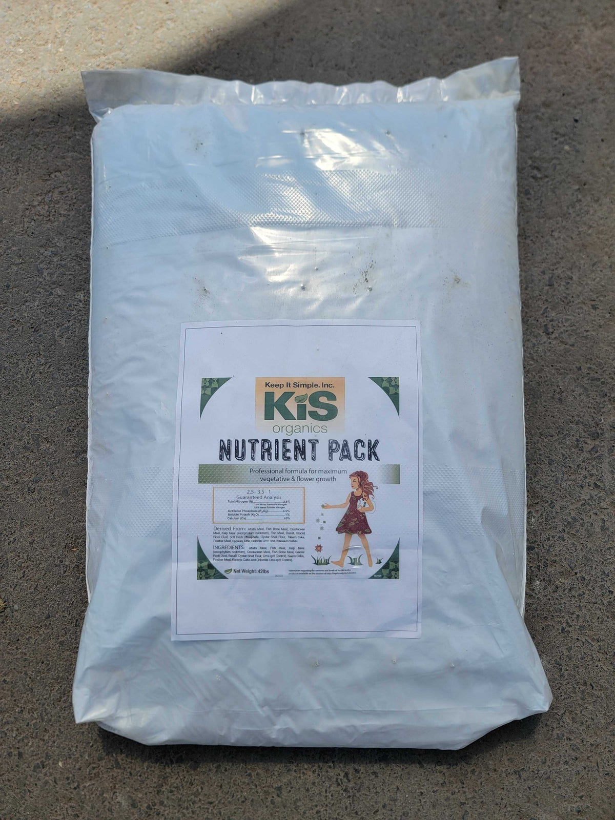 KiS Organics Nutrient Pack soil amendments bag, white plastic with labeled branding on Tampa Home & Garden Store