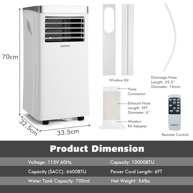 Aire acondicionado portátil de 10.000 BTU con control remoto