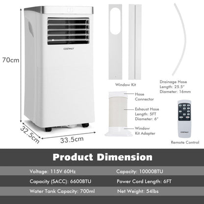 Aire acondicionado portátil de 10.000 BTU con control remoto