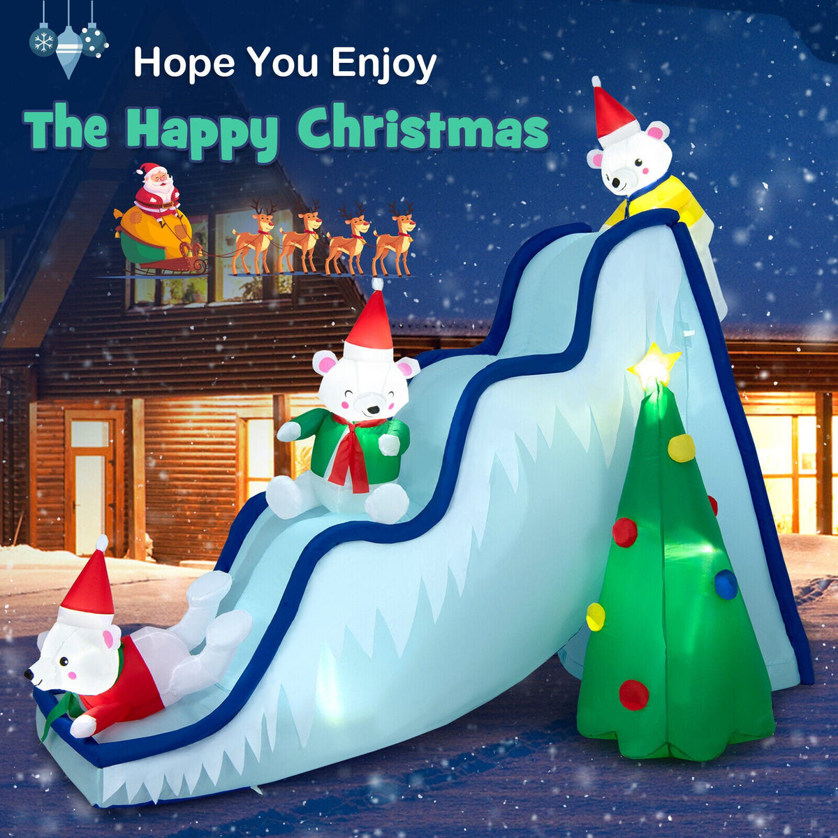 9 ft inflatable polar bear slide with LED lights, bears in Santa hats beside a Christmas tree on Tampa Home & Garden Store