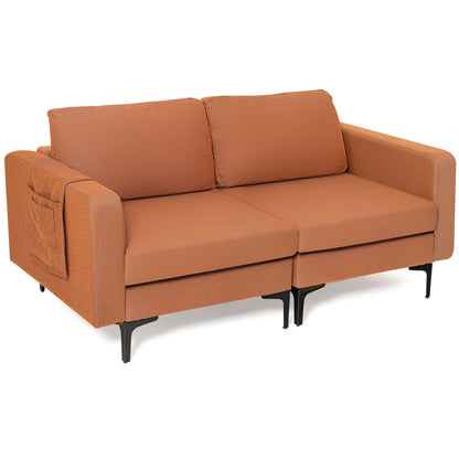 Sofá moderno de dos plazas con bolsillo lateral de almacenamiento y cojines de asiento acolchados de esponja - Naranja