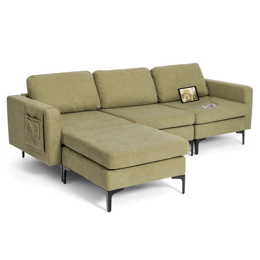 Modular 3-seat L-shaped sectional sofa olive green fabric with chaise and USB ports DirectDeals on Tampa Home & Garden Store