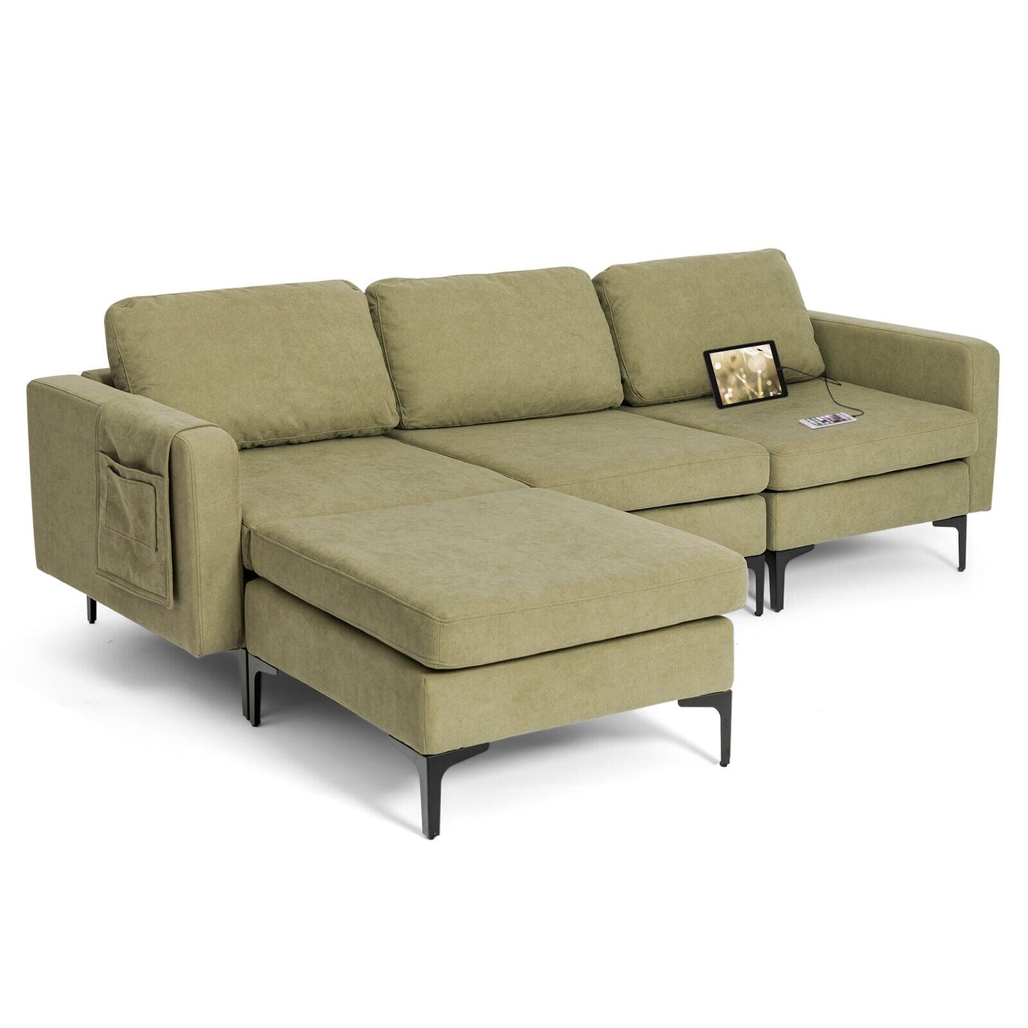 Sofá seccional modular en forma de L de 3 plazas con chaise reversible y 2 puertos USB - Verde