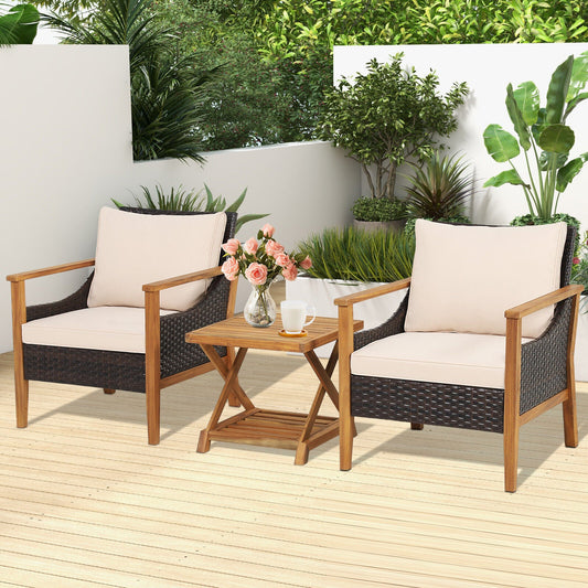 3 Pieces Patio Wicker Furniture Set with 2-Tier Side Table and Cushioned Armchairs-Natural - Tampa Home & Garden Store