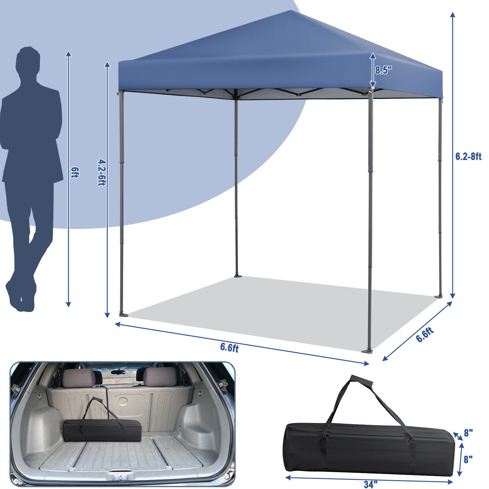 GemGear 6.6x6.6 ft outdoor pop-up canopy with UPF 50+ sun protection, blue canopy, steel frame on Tampa Home & Garden Store
