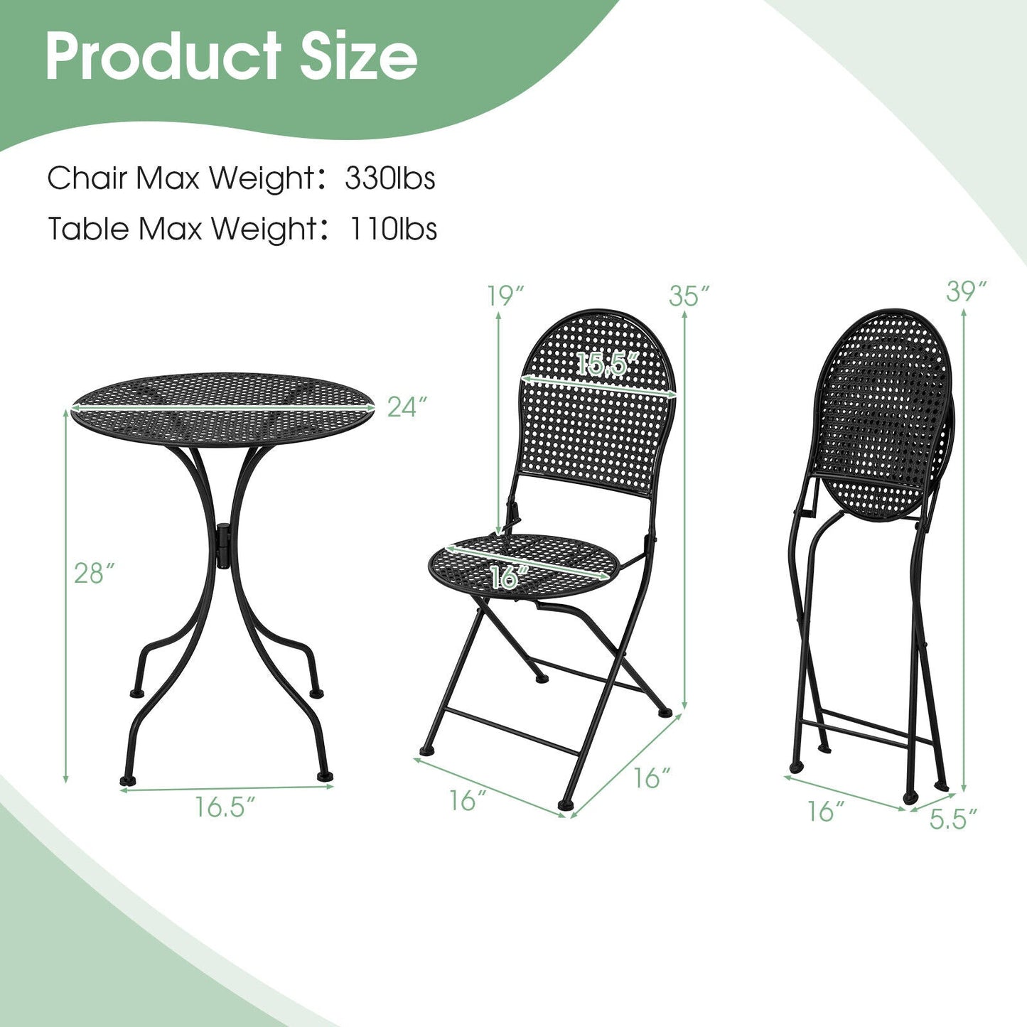 Juego de bistro para patio de 3 piezas, muebles de conversación para exteriores, mesa y silla plegable