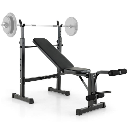 Adjustable weight bench and barbell rack by DirectDeals with loaded plates on Tampa Home & Garden Store