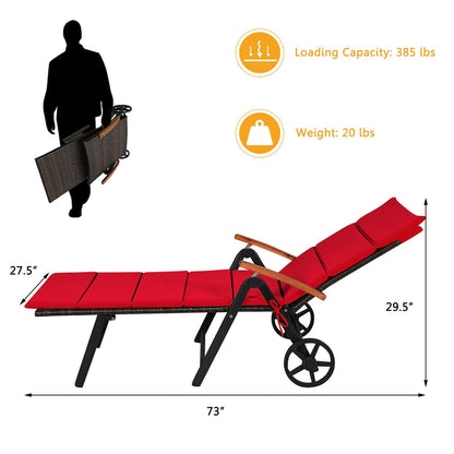 Tumbona Plegable de Ratán para Patio con Ruedas - Roja