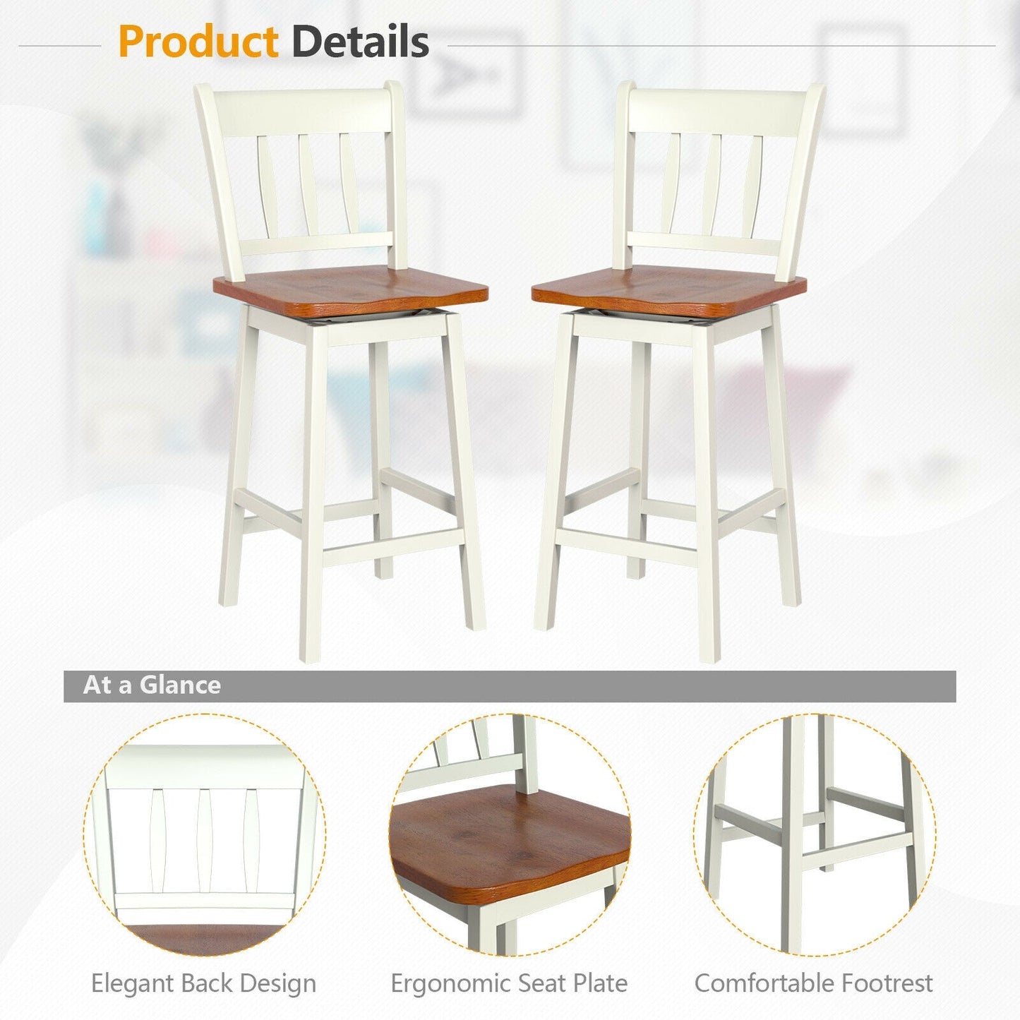 24.5 Inches Set of 2 Swivel Bar Stools with 360° Swiveling-White