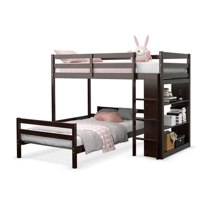 Litera tipo loft doble sobre doble con estantería - Marrón oscuro