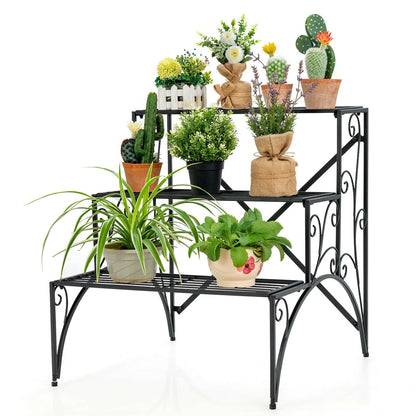 Estantería de metal de 3 niveles para plantas con rejilla ensanchada para porche/jardín-Negro