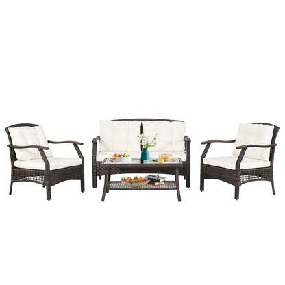 4 Pieces Outdoor Rattan Conversation Set with Protective Cover