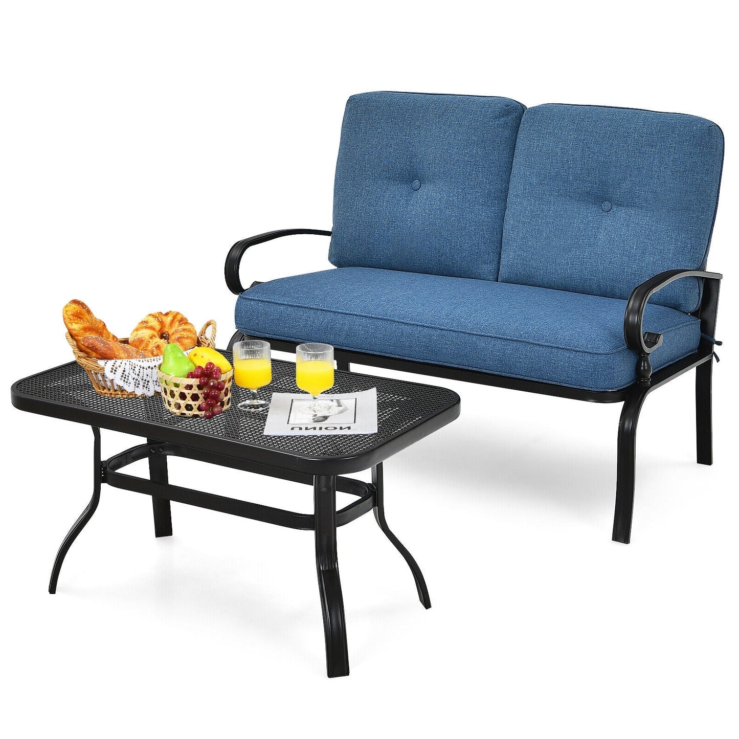 2 Pieces Patio Loveseat Bench Table Furniture Set with Cushioned Chair-Beige