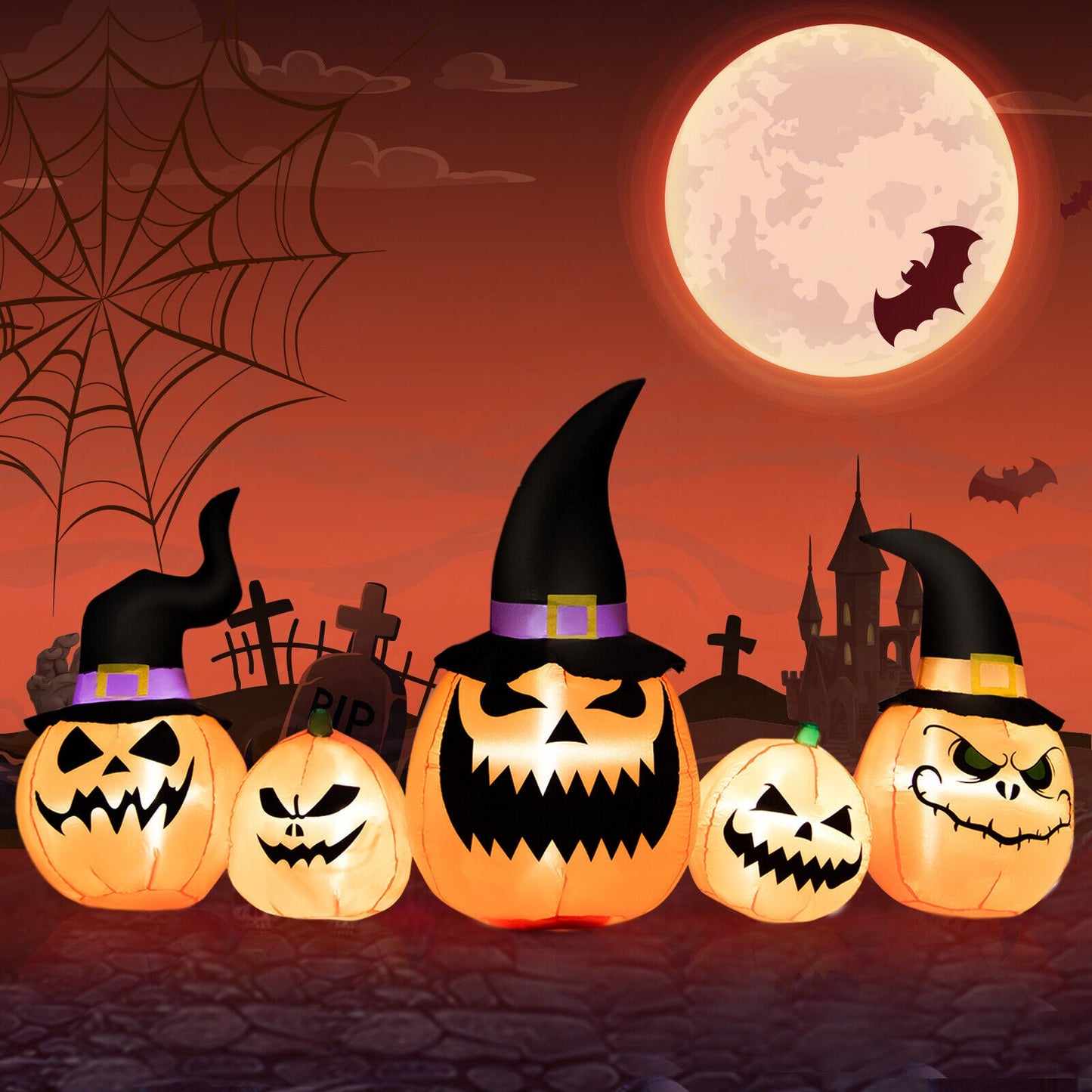 8 ft inflatable pumpkin family yard decoration with LED-lit witch-hat pumpkins in a Halloween scene on Tampa Home & Garden Store