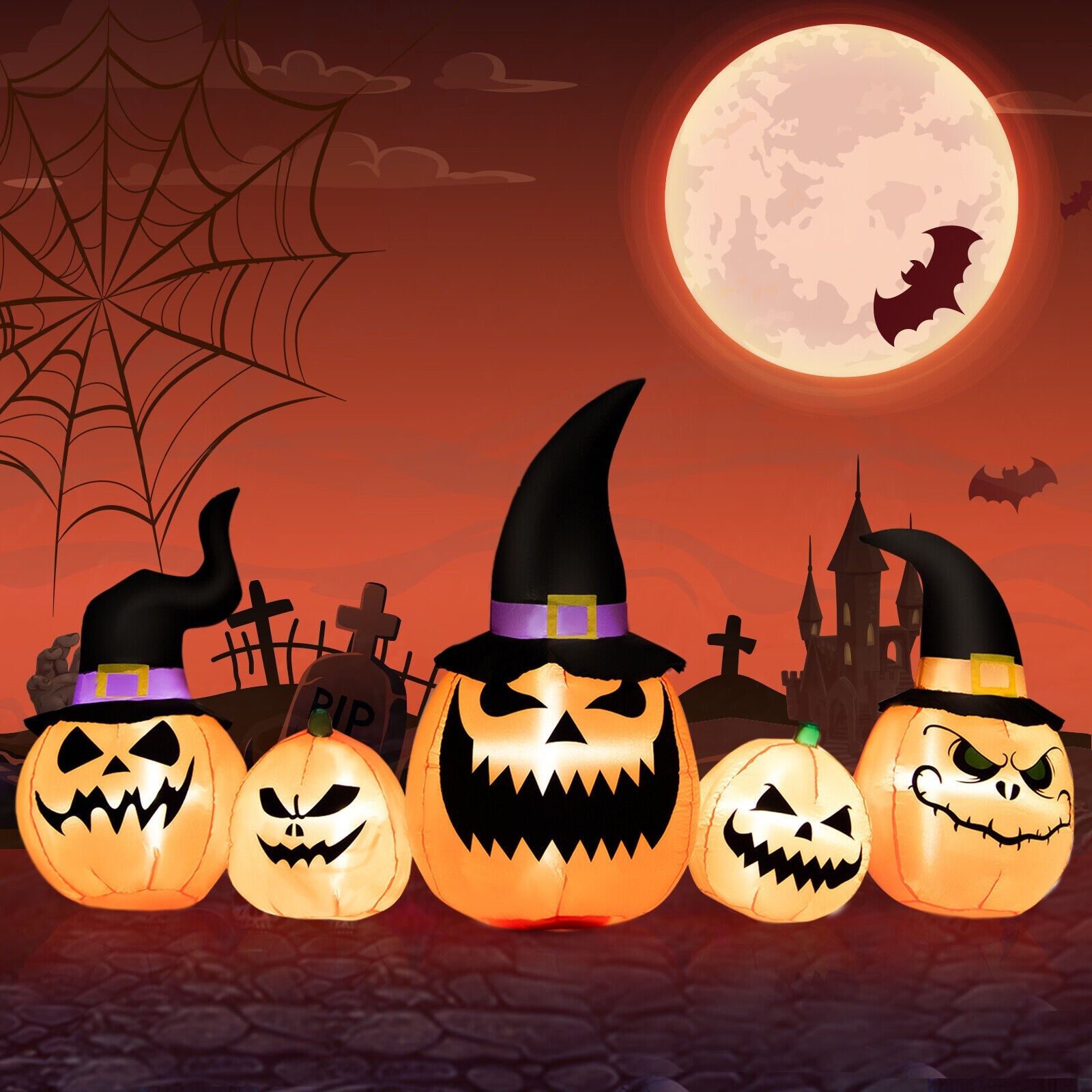 8 ft inflatable pumpkin family yard decoration with LED-lit witch-hat pumpkins in a Halloween scene on Tampa Home & Garden Store