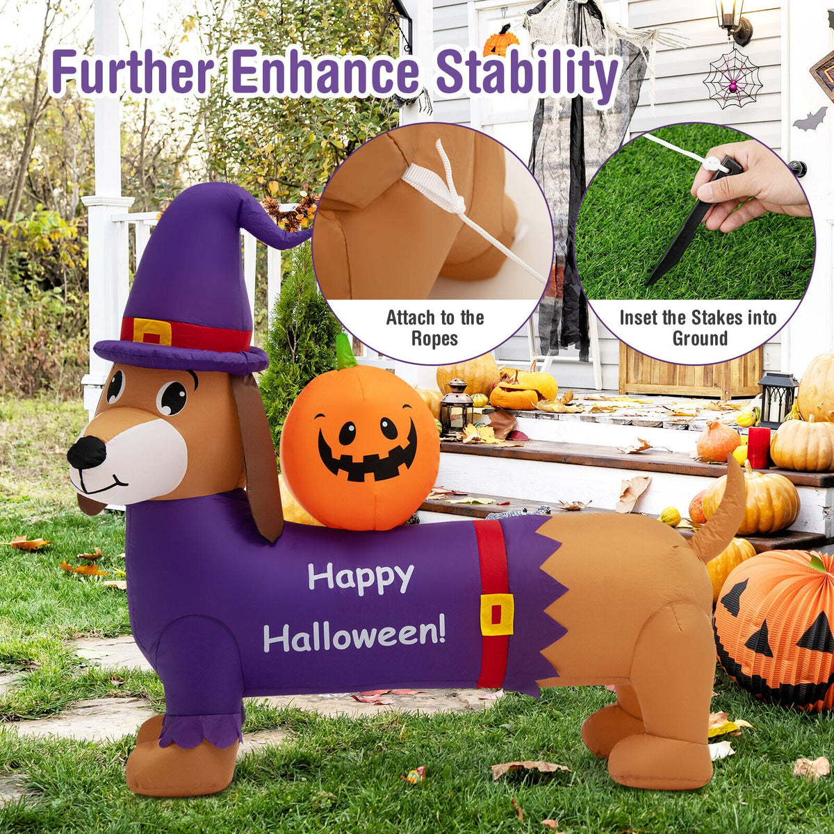 5 ft DirectDeals Halloween inflatable dachshund with pumpkin, purple body for outdoor yard decor on Tampa Home & Garden Store