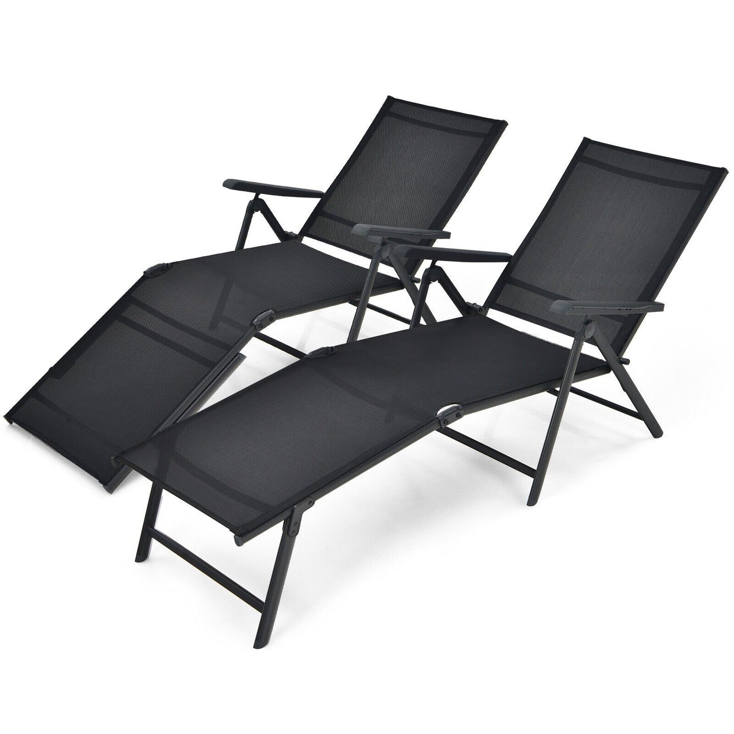 2 tumbonas plegables con reposapiés de 2 posiciones - Negro