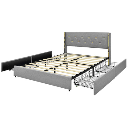 Base de cama tapizada Full/Queen con 4 cajones - Plateado - Tamaño Full