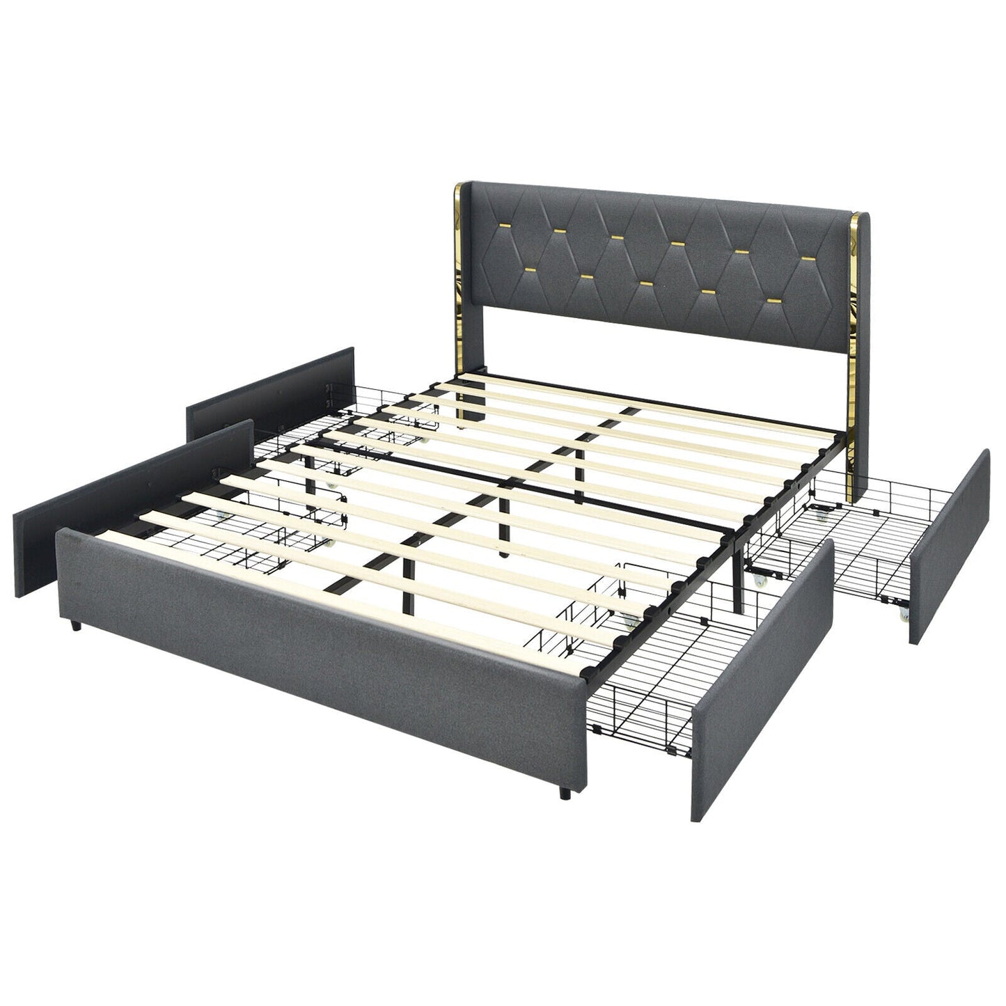 Base de cama tapizada con 4 cajones de almacenamiento, tamaño matrimonial/queen-Matrimonial