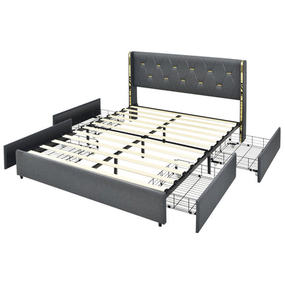 Base de cama tapizada con 4 cajones de almacenamiento, tamaño matrimonial/queen-Matrimonial