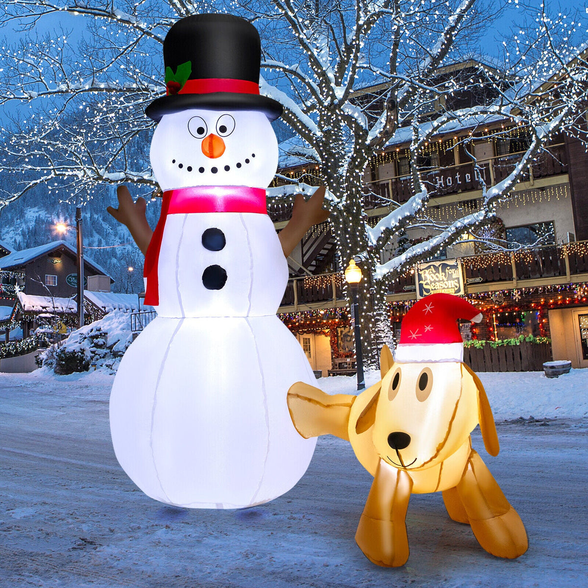 6 Feet Tall Inflatable Snowman and Dog Set with LED Lights black top hat and red scarf on Tampa Home & Garden Store
