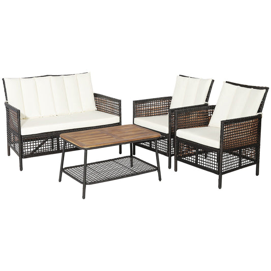 4 Pieces Patio Rattan Furniture Set with 2-Tier Coffee Table-White - Tampa Home & Garden Store