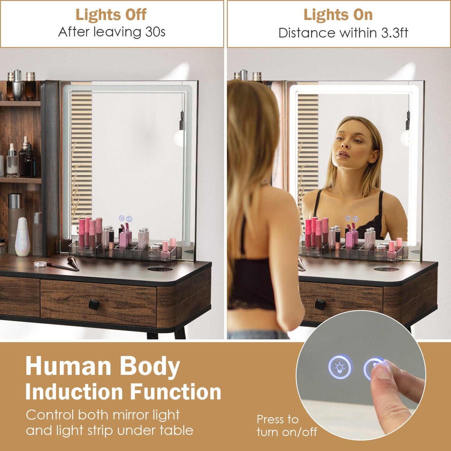 Tocador de Maquillaje con Espejo Iluminado - Marrón