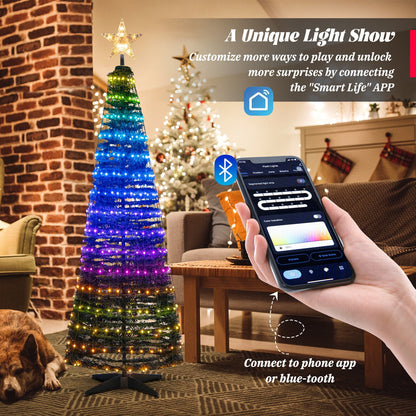 6.2 ft pop-up lighted Christmas tree with 282 RGB LEDs, rainbow lights and star topper in a living room DirectDeals Artificial Tree on Tampa Home & Garden Store