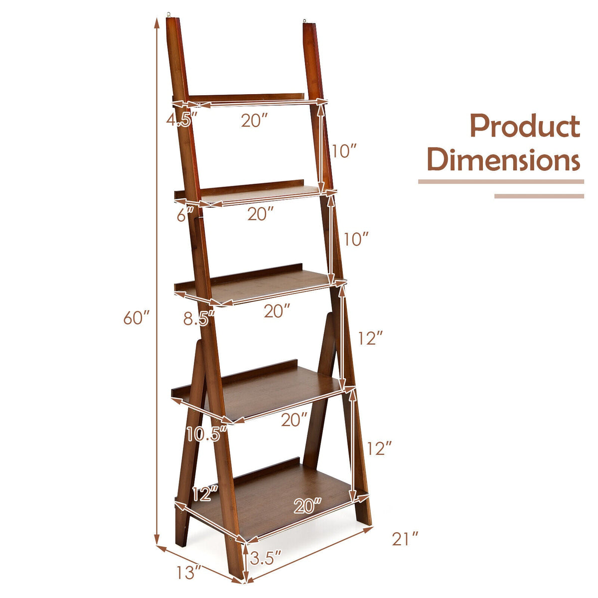 5-Tier Bamboo Ladder Shelf by DirectDeals, brown bamboo finish, 20 in wide shelves for home use on Tampa Home & Garden Store