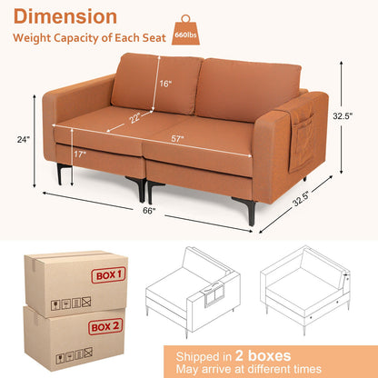 Sofá moderno de dos plazas con bolsillo lateral de almacenamiento y cojines de asiento acolchados de esponja - Naranja