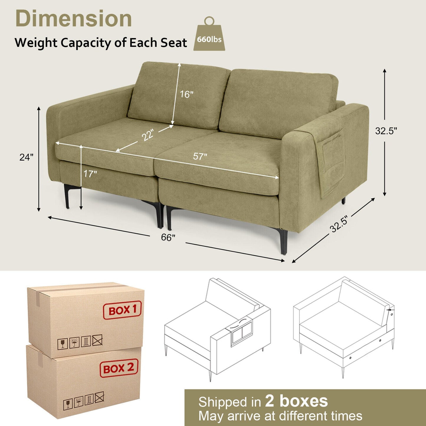Sofá moderno de dos plazas con bolsillo lateral de almacenamiento y cojines de asiento acolchados de esponja - Naranja