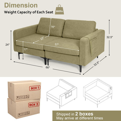 Sofá moderno de dos plazas con bolsillo lateral de almacenamiento y cojines de asiento acolchados de esponja - Naranja