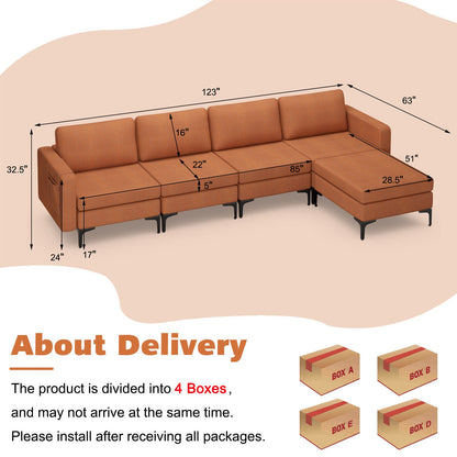 Modular L-shaped Sectional Sofa with Reversible Ottoman and 2 USB Ports