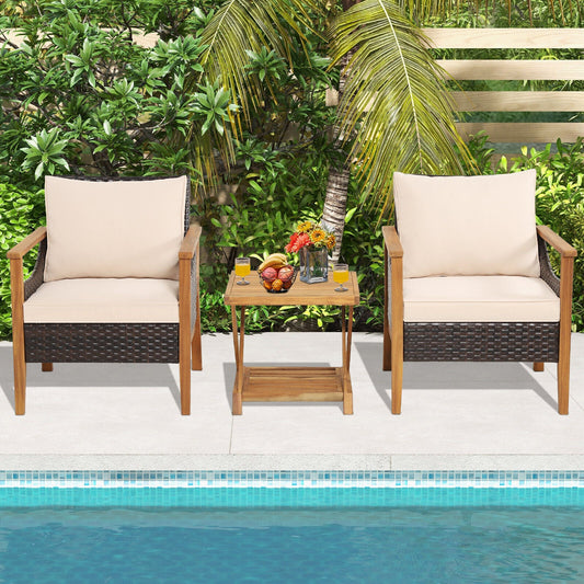 3 Pieces Patio Wicker Furniture Set with 2-Tier Side Table and Cushioned Armchairs-Natural - Tampa Home & Garden Store
