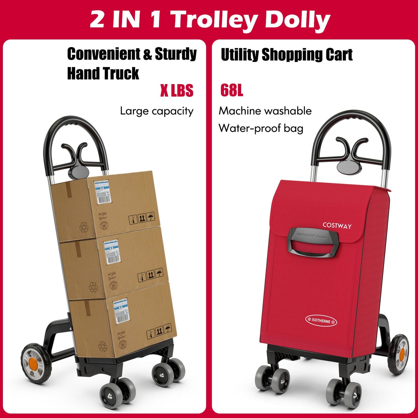 Carrito de compras plegable con ruedas giratorias - Rojo