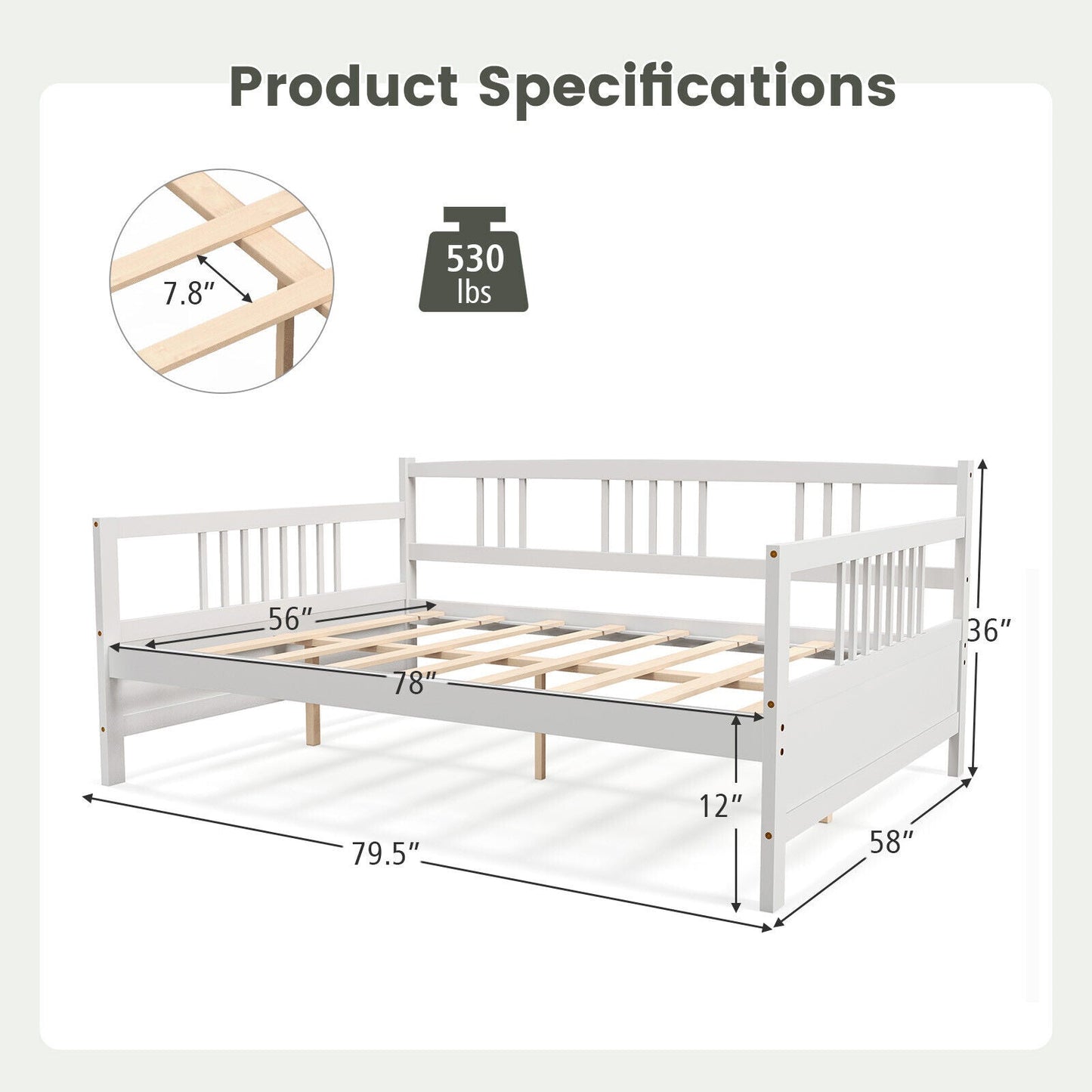 Base de cama nido de tamaño completo de madera con barandillas - Blanca