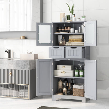Mueble de baño independiente de 4 puertas con 2 cajones y puertas de cristal - Gris