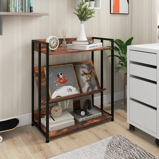 Industrial Bookshelf with Adjustable Shelves, wood shelves, black metal frame, 3-tier on Tampa Home & Garden Store