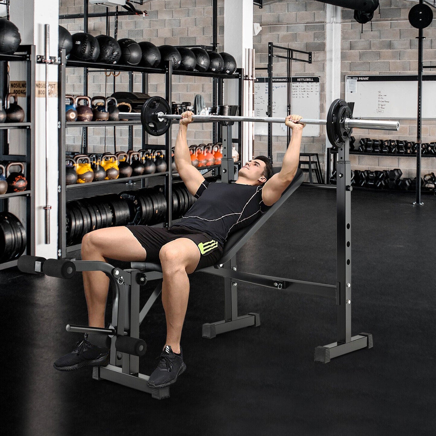 DirectDeals adjustable weight bench with barbell rack and weight plate post, black steel on Tampa Home & Garden Store