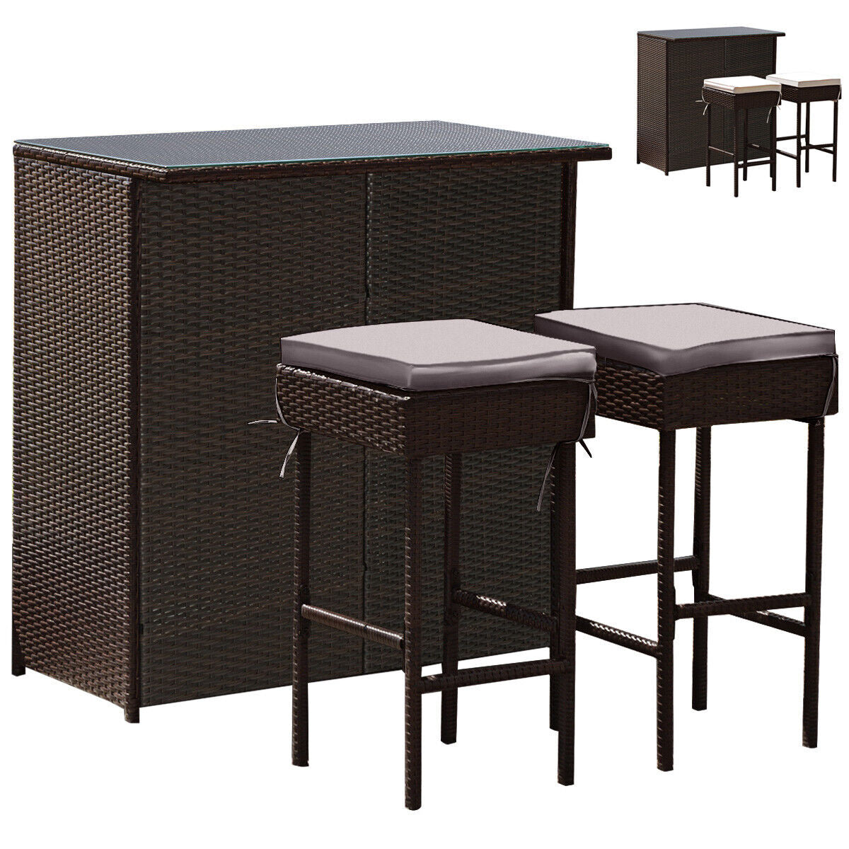 Juego de comedor de 3 piezas para patio de mimbre con mesa alta y taburetes - Rojo