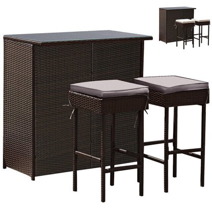 Juego de comedor de 3 piezas para patio de mimbre con mesa alta y taburetes - Rojo
