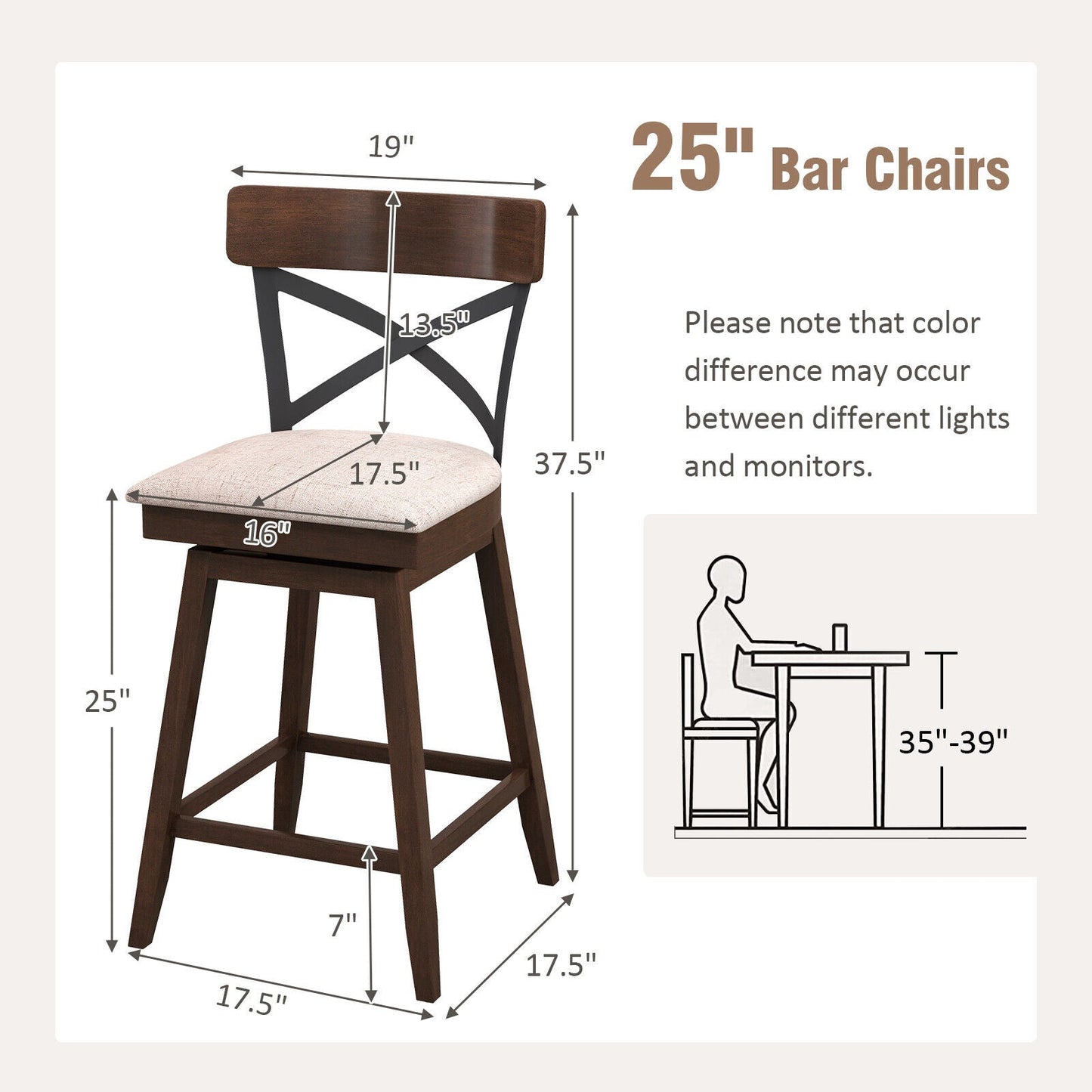 Juego de 2 taburetes de bar de madera giratorios con asiento acolchado y respaldo en X abierto - 25 pulgadas