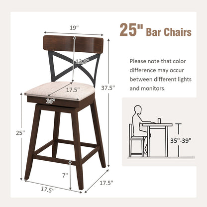 Juego de 2 taburetes de bar de madera giratorios con asiento acolchado y respaldo en X abierto - 25 pulgadas