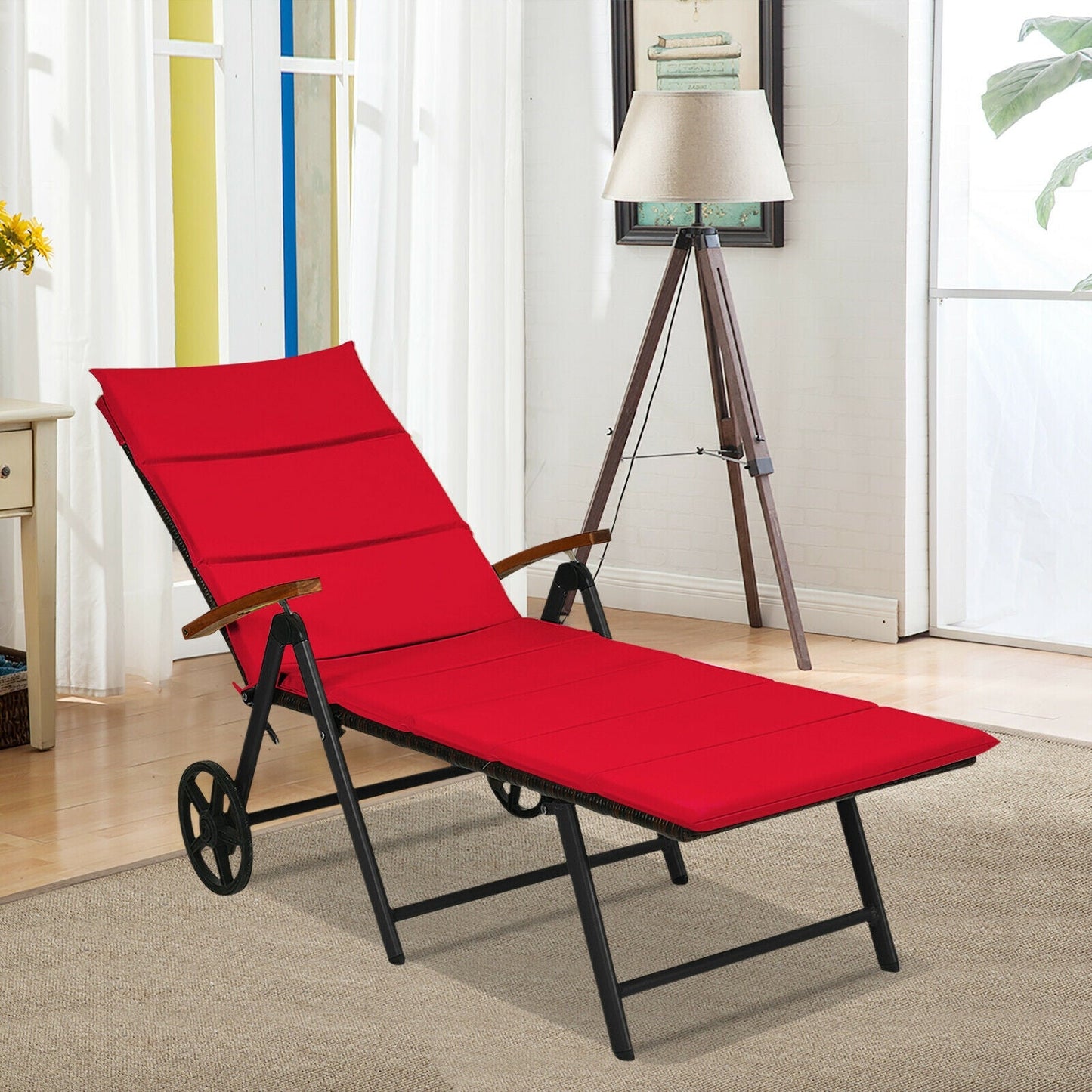 Tumbona Plegable de Ratán para Patio con Ruedas - Roja