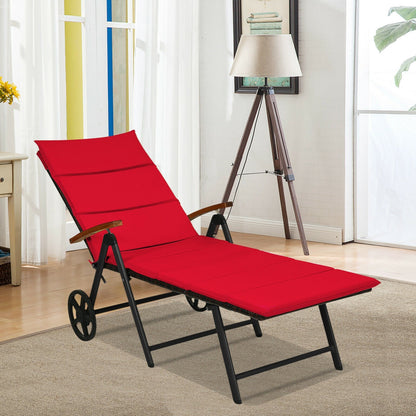 Tumbona Plegable de Ratán para Patio con Ruedas - Roja