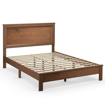Base de Cama Queen con Plataforma y Somier de Lamas, Cabecero Alto y Patas de Madera de Caucho-Nogal