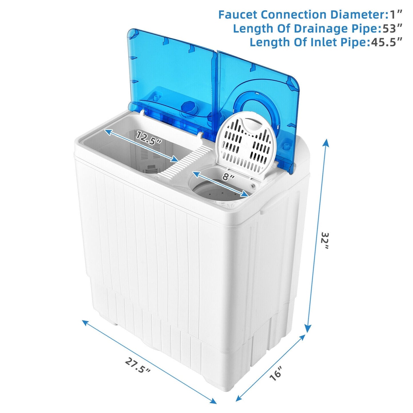 Lavadora semiautomática portátil de doble tina de 26 lb con bomba de drenaje - Azul