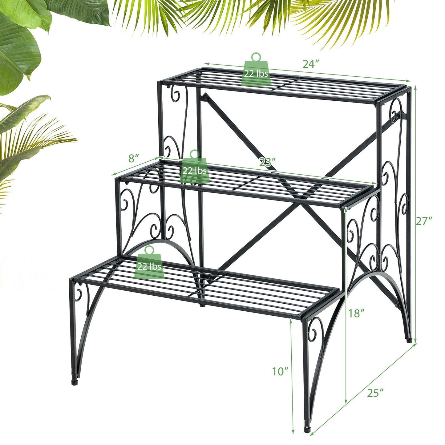 Estantería de metal de 3 niveles para plantas con rejilla ensanchada para porche/jardín-Negro