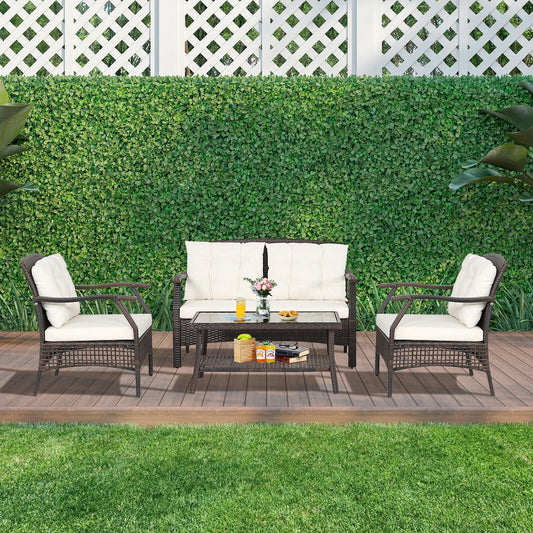 4 Pieces Outdoor Rattan Conversation Set with Protective Cover - Tampa Home & Garden Store