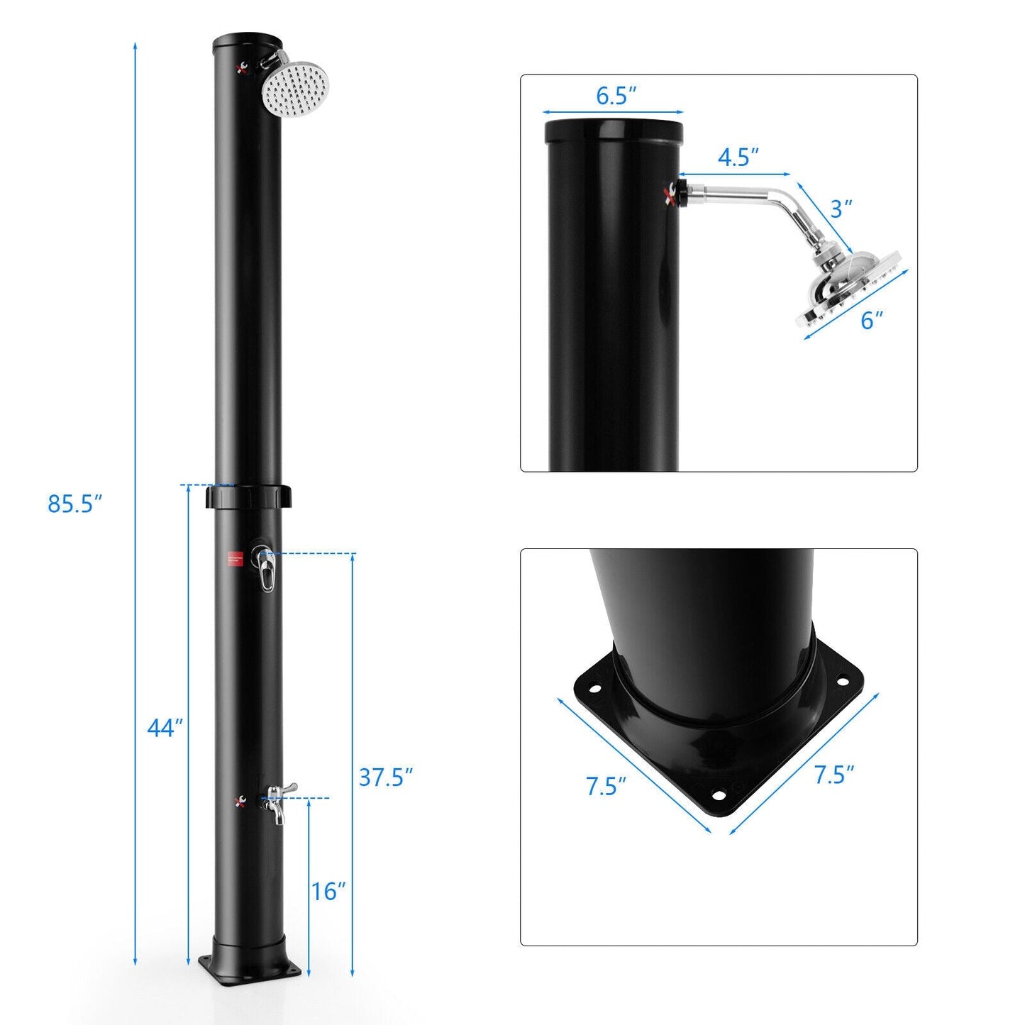 GemGear 7.2 ft solar-heated outdoor shower with black powdercoated post and rotating chrome head on Tampa Home & Garden Store